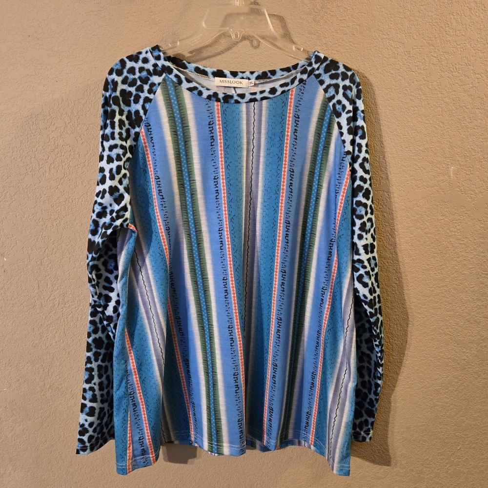 Misslook Womens Blue/Gray/Black/Pink Striped & Animal Print Long SleeveTop 3XL